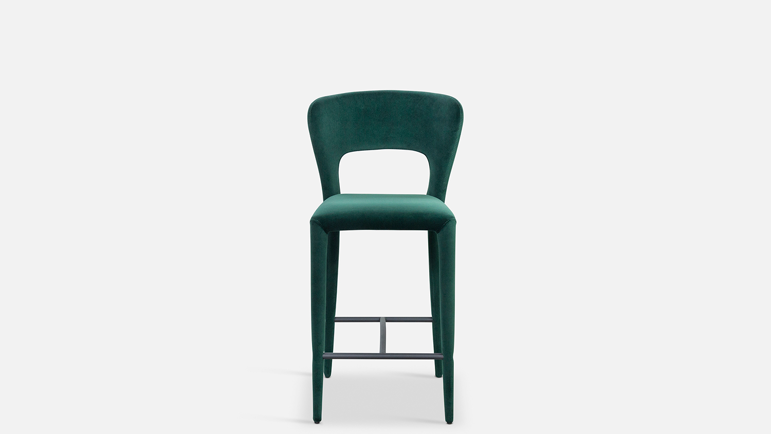 Front view of the Pitcher Fabric Barstool in forest green upholstery, featuring a padded seat and curved low backrest