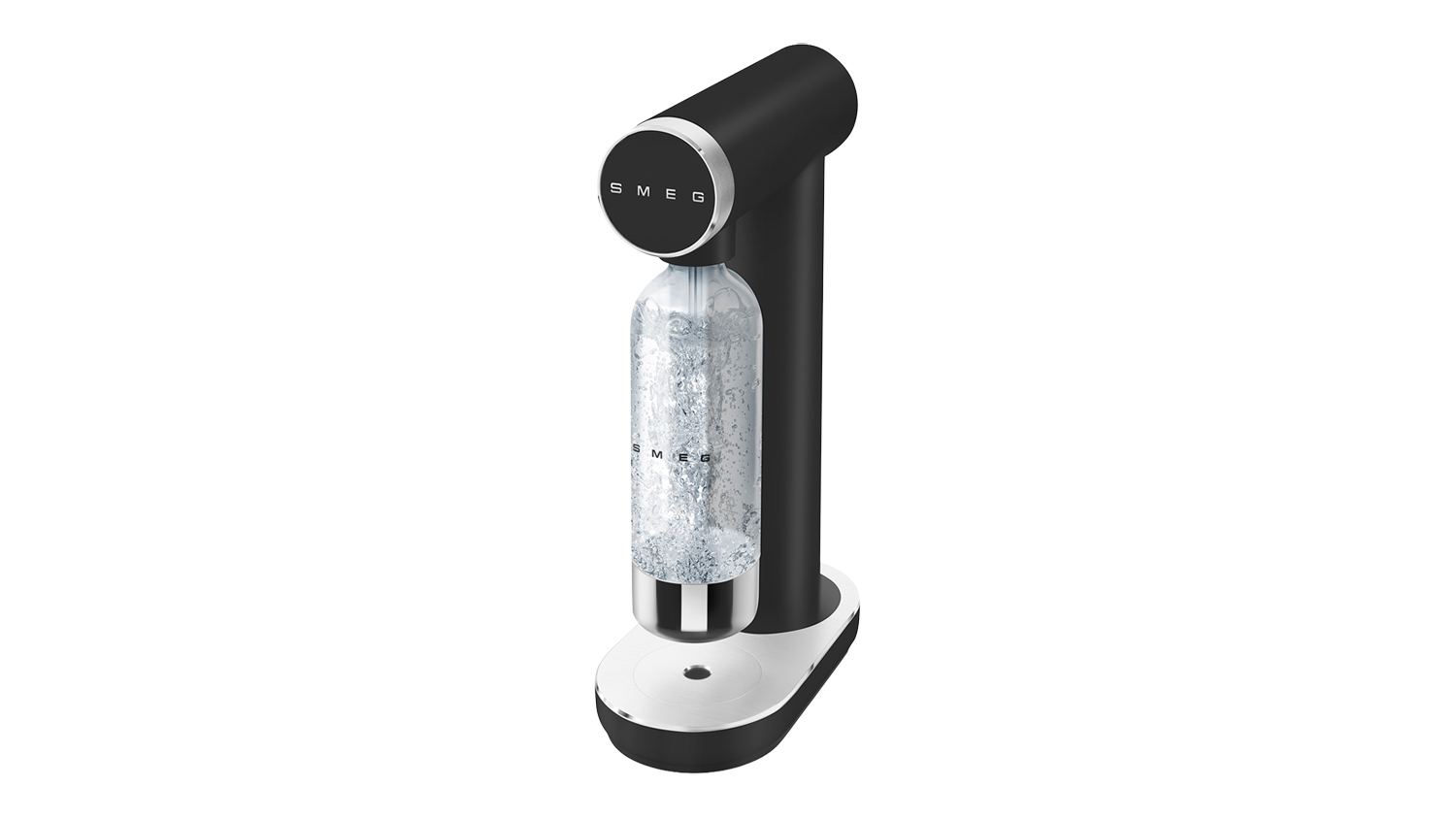 Front three-quarter studio view of the Smeg Sparkling Water Maker in matte black