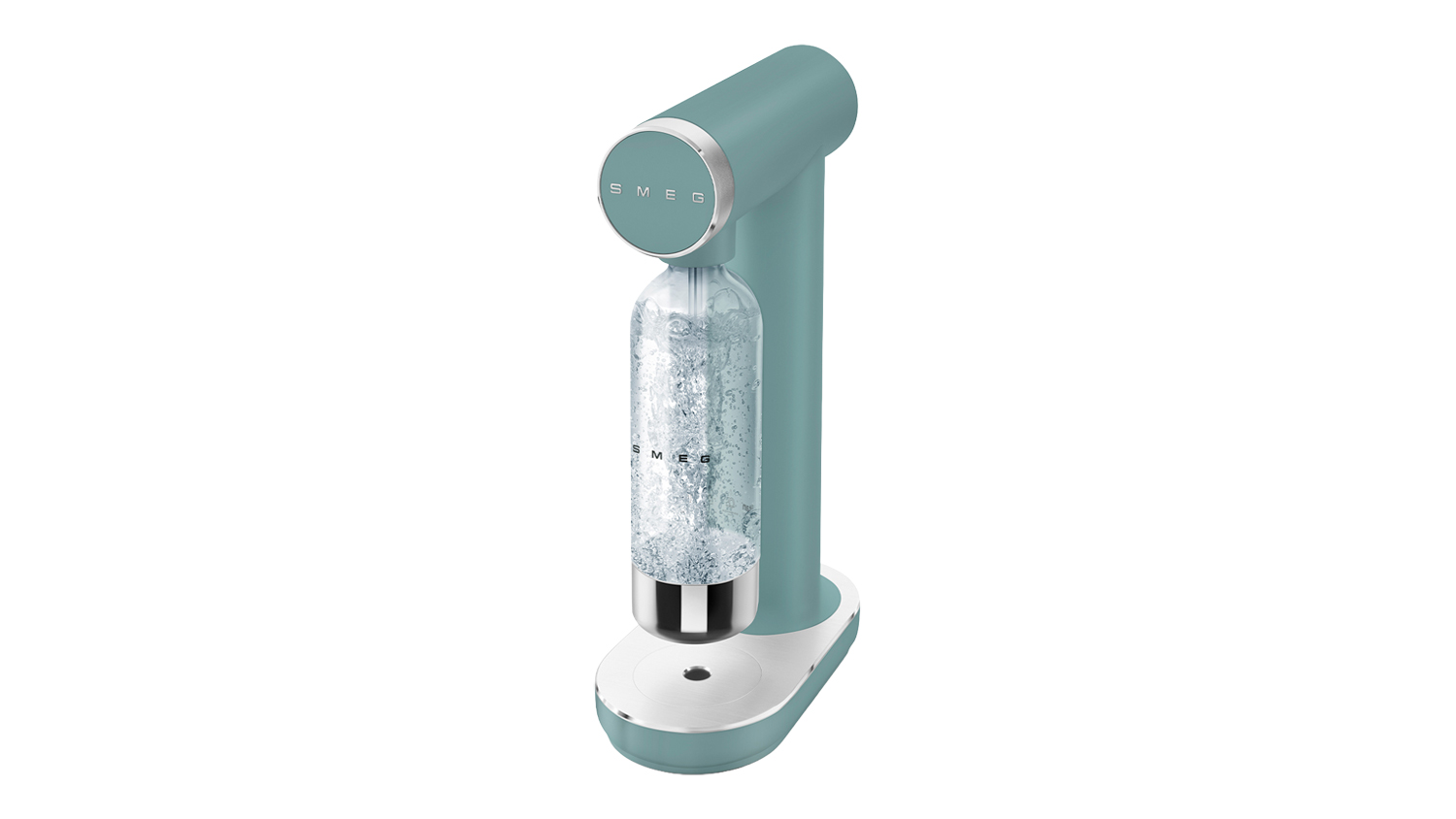 Front three-quarter studio view of the Smeg Sparkling Water Maker in matte emerald green