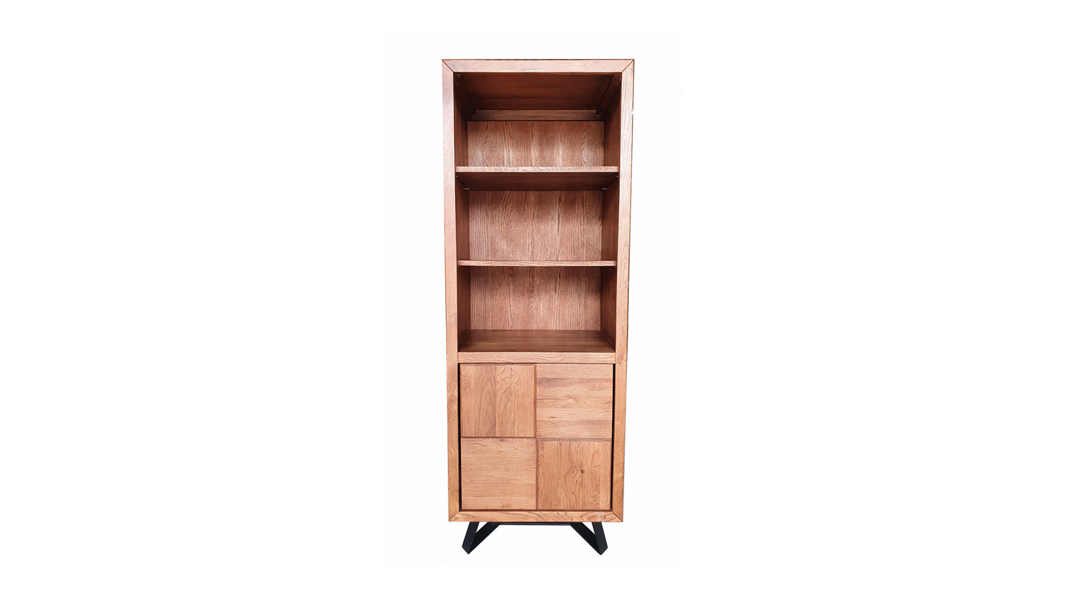 Front view of the Soho 650mm Multipanel Bookcase in antique oak finish, featuring three open display shelves