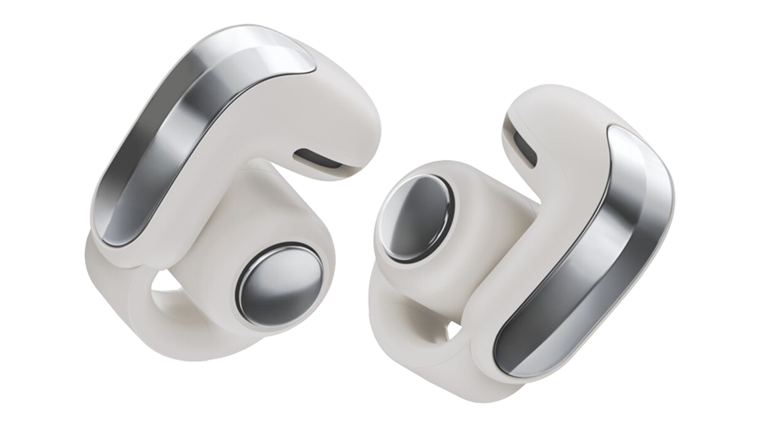Pair of white smoke Bose Ultra 2nd GenOpen-Ear Headphones angled forward