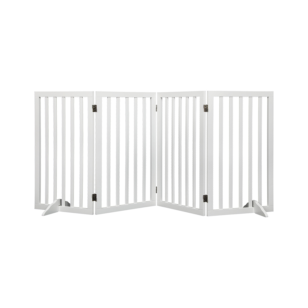 Front view of a white PaWz Indoor Folding Pet Fence Gate with four hinged slat panels and two stabilising support feet