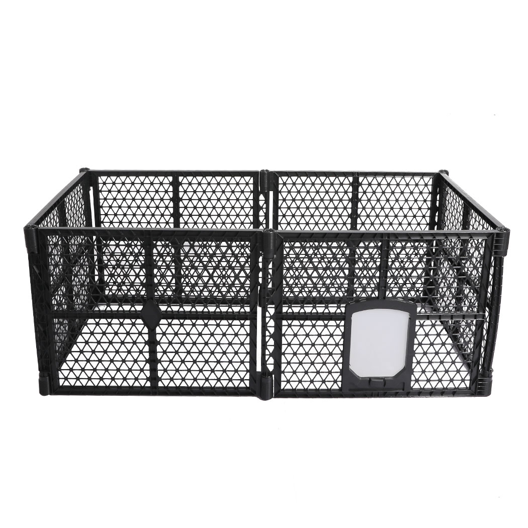 Front view of the black PaWz Folding Plastic Pet Playpen with interlocking lattice panels and a built-in pet door