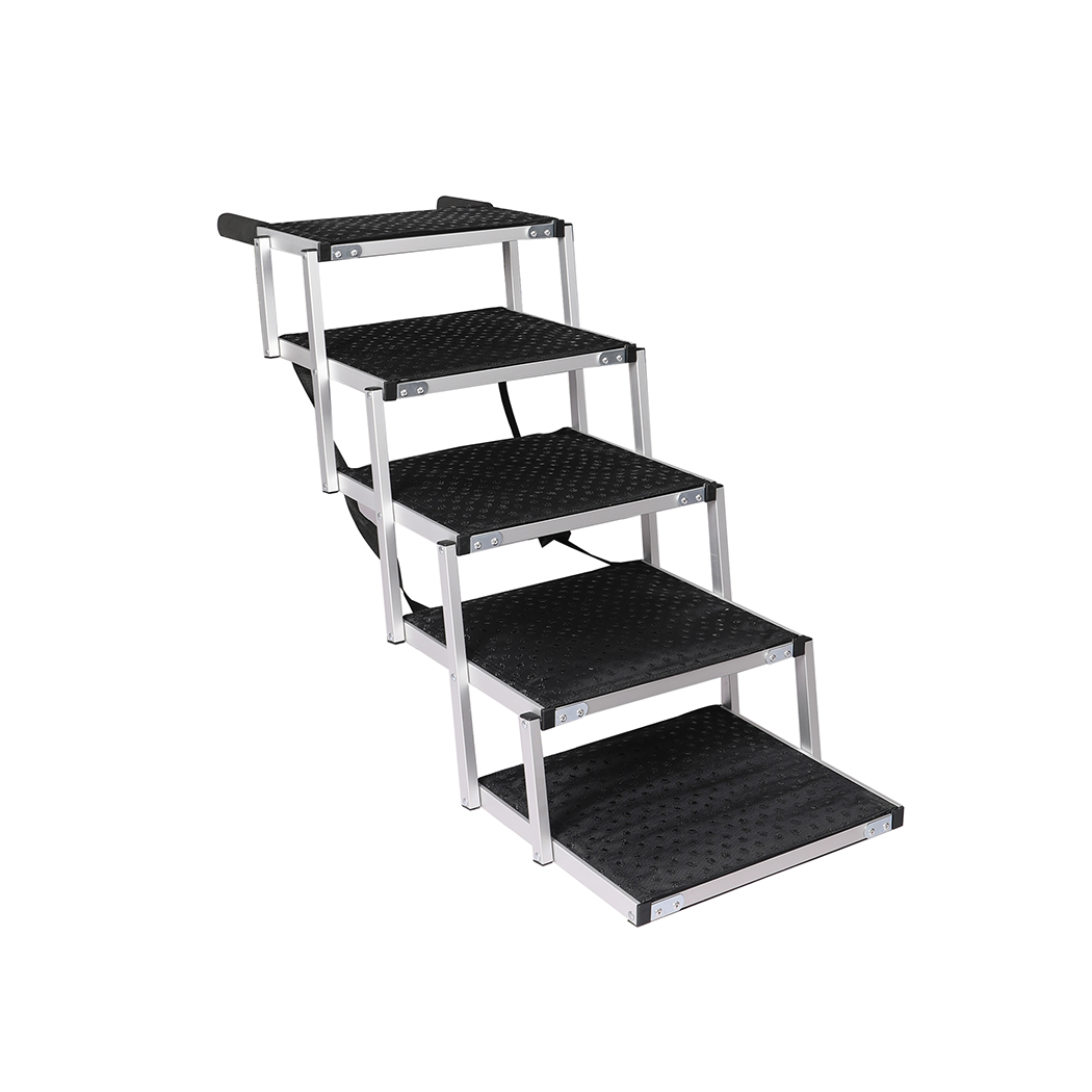 Angled view of the PaWz 5-Step Folding Aluminium Pet Stairs, featuring a lightweight aluminium frame and textured black non-slip steps