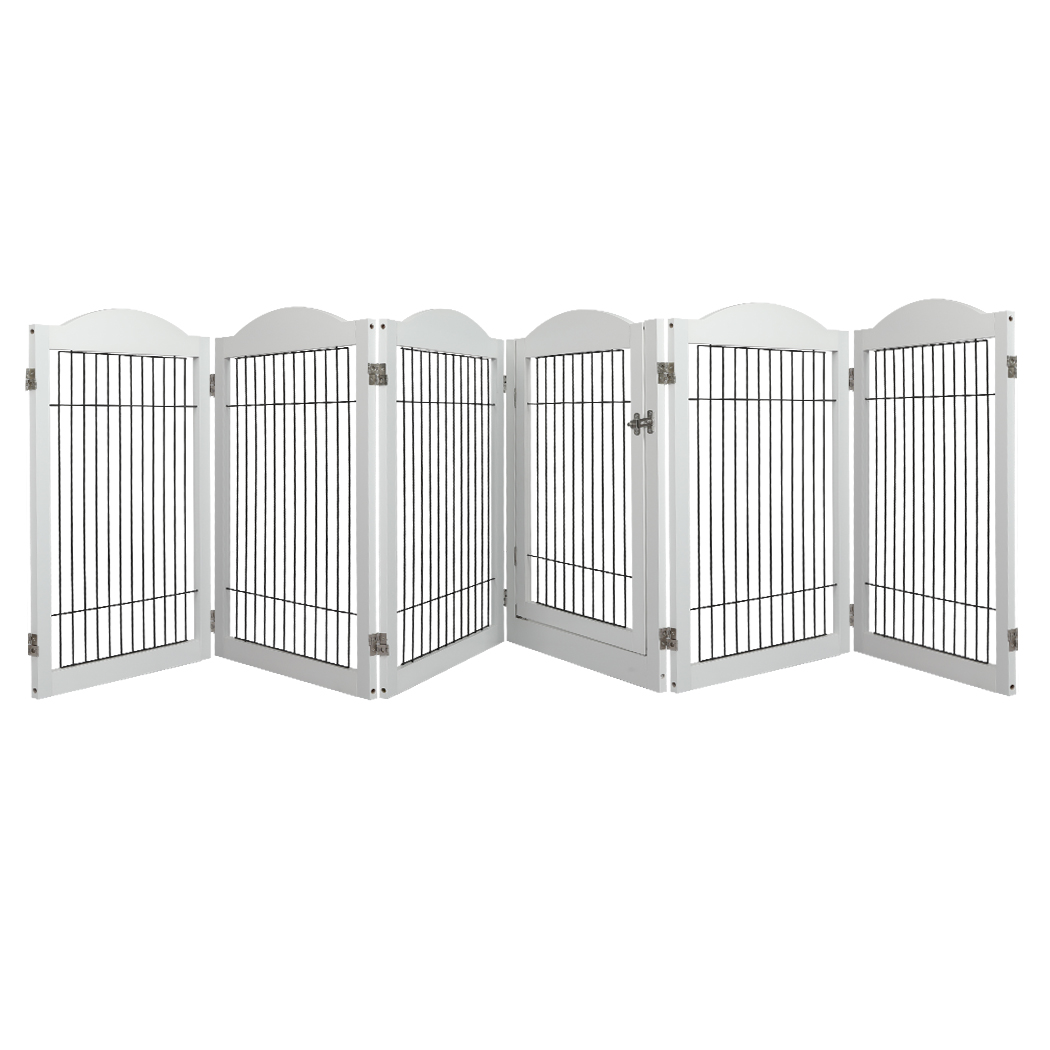 White PaWz 6-Panel Pet Playpen with Door, featuring six hinged panels, arched tops, black wire spindles, and an integrated walk-through door