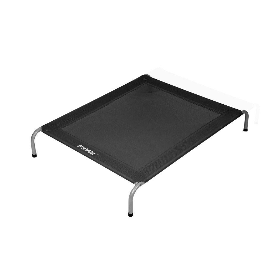 Top angle view of black PaWz Elevated Hammock Pet Bed with breathable mesh surface and silver metal frame
