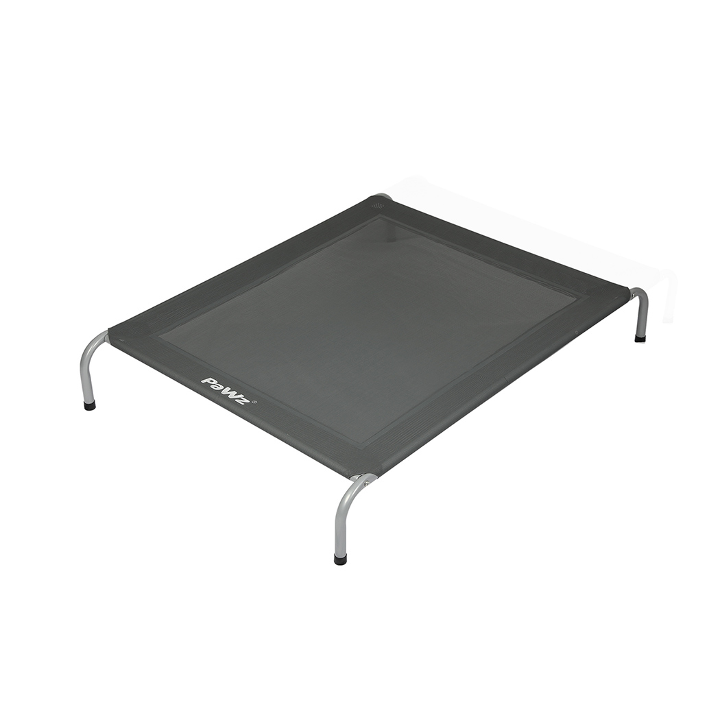 Top angle view of black PaWz Elevated Hammock Pet Bed with breathable mesh surface and silver metal frame