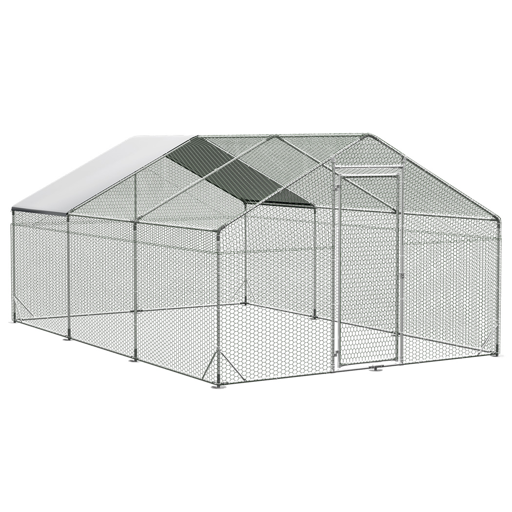 PaWz Large Outdoor Poultry Coop features a peaked roof frame covered with chicken wire mesh and a white partial tarp cover