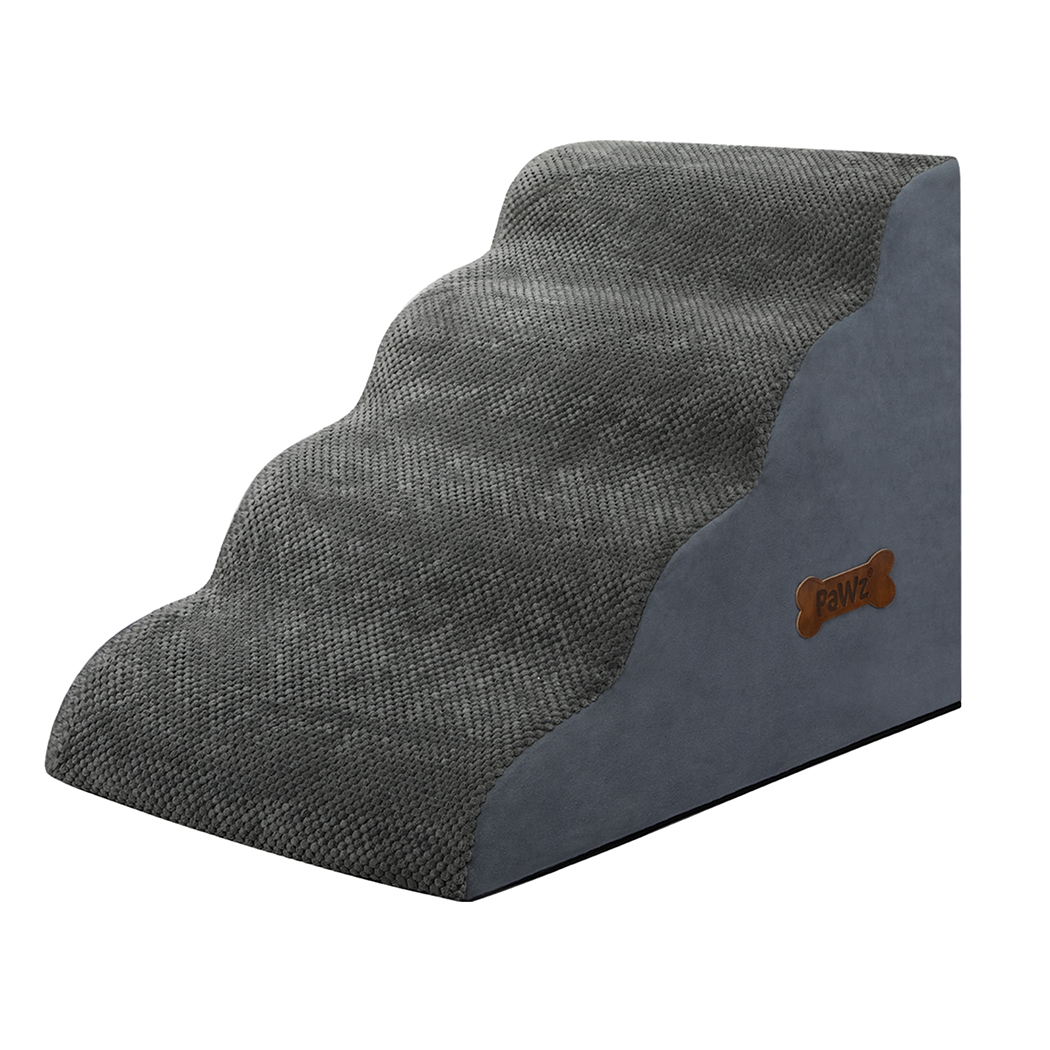 Side-angle view of the PaWz Rounded Foam Pet Stairs with textured fabric and a bone-shaped logo patch