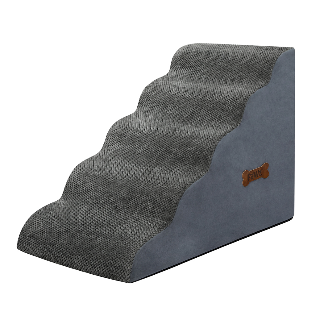 Side-angle view of the PaWz Rounded Foam Pet Stairs with textured fabric and a bone-shaped logo patch