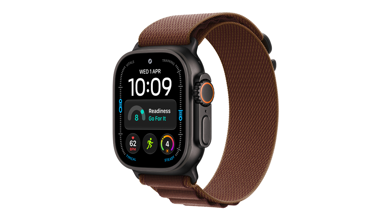 Apple Watch Ultra 4 with a black titanium case and burgundy Alpine loop shown in an angled view