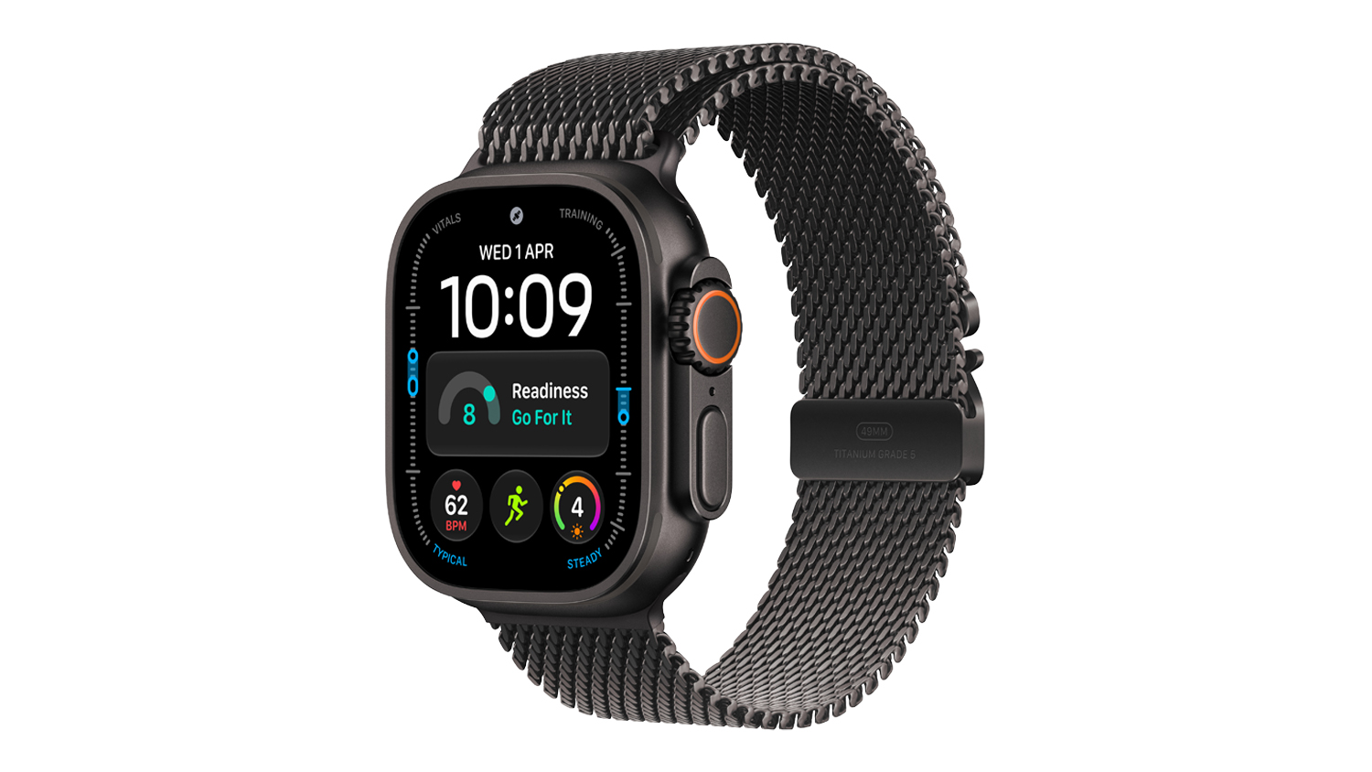 Apple Watch Ultra 4 with a black titanium case and black titanium Milanese loop shown in an angled view