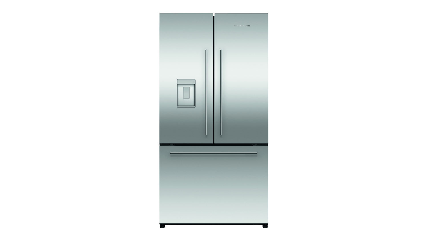 Front view of stainless steel Fisher & Paykel Series 7 French door fridge freezer with exterior water dispenser