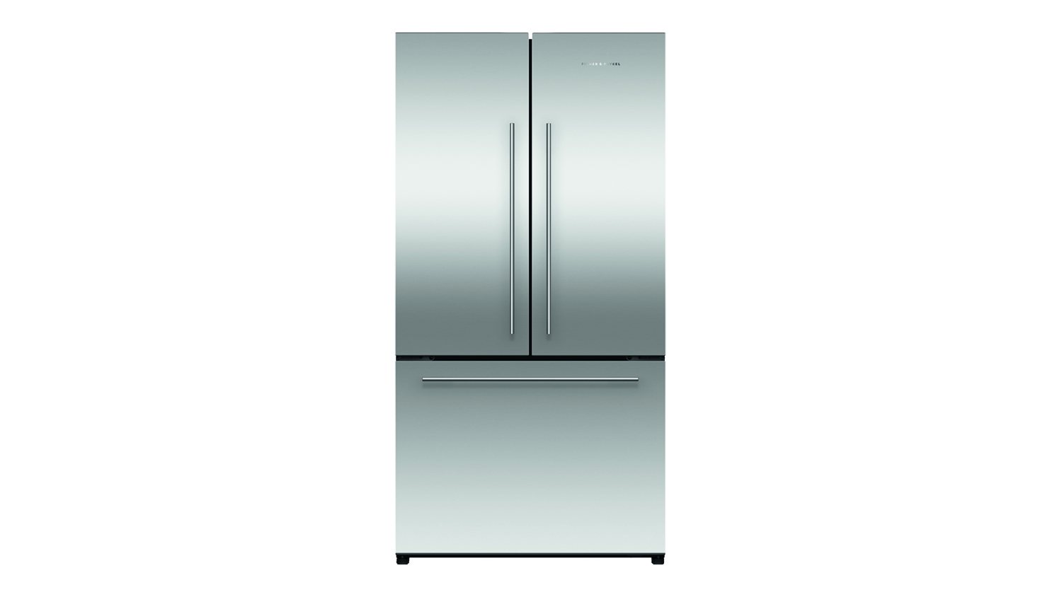 Front view of closed Fisher & Paykel Series 7 French door fridge freezer with sleek vertical handles