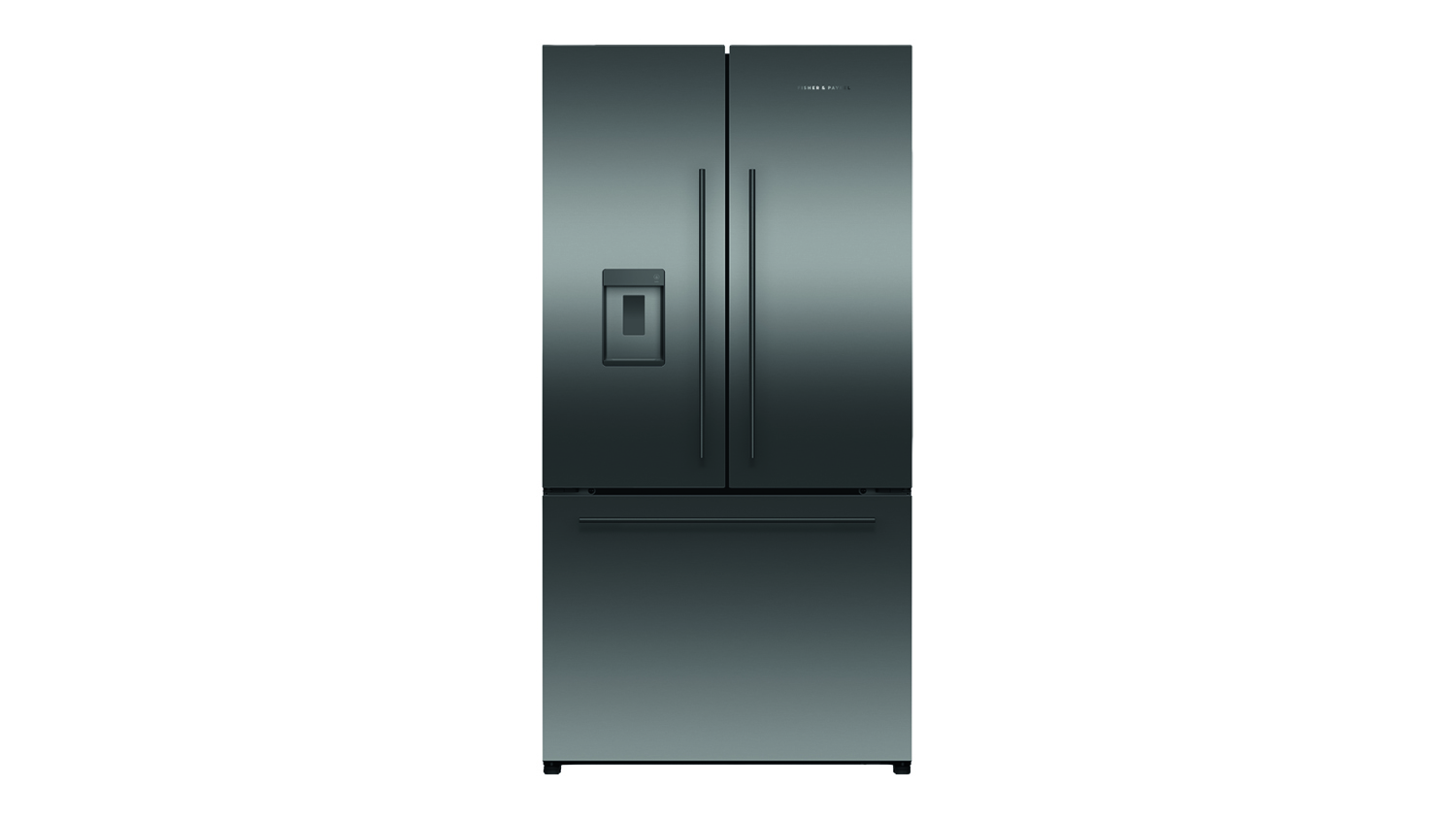 Front view of a black stainless steel Fisher & Paykel Series 7 French door fridge with water dispenser