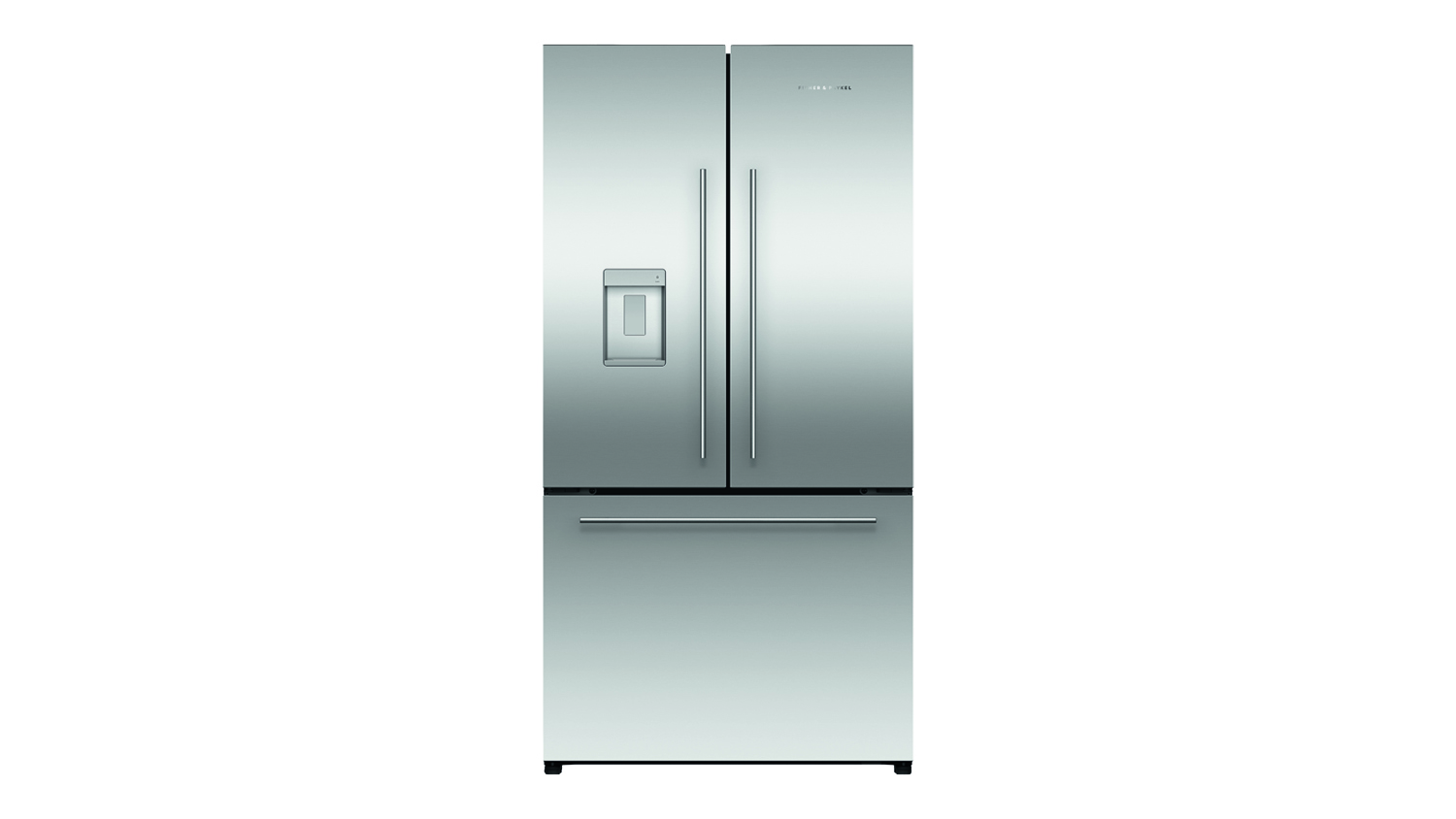 Front view of a stainless steel Fisher & Paykel Series 7 French door fridge freezer with water dispenser