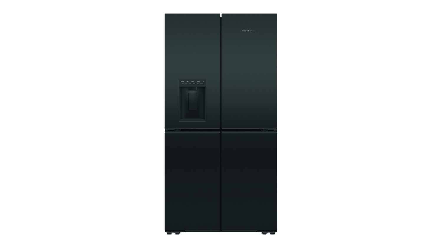 A soft black Fisher & Paykel Series 7 606L quad door smart fridge with ice and water dispenser closed