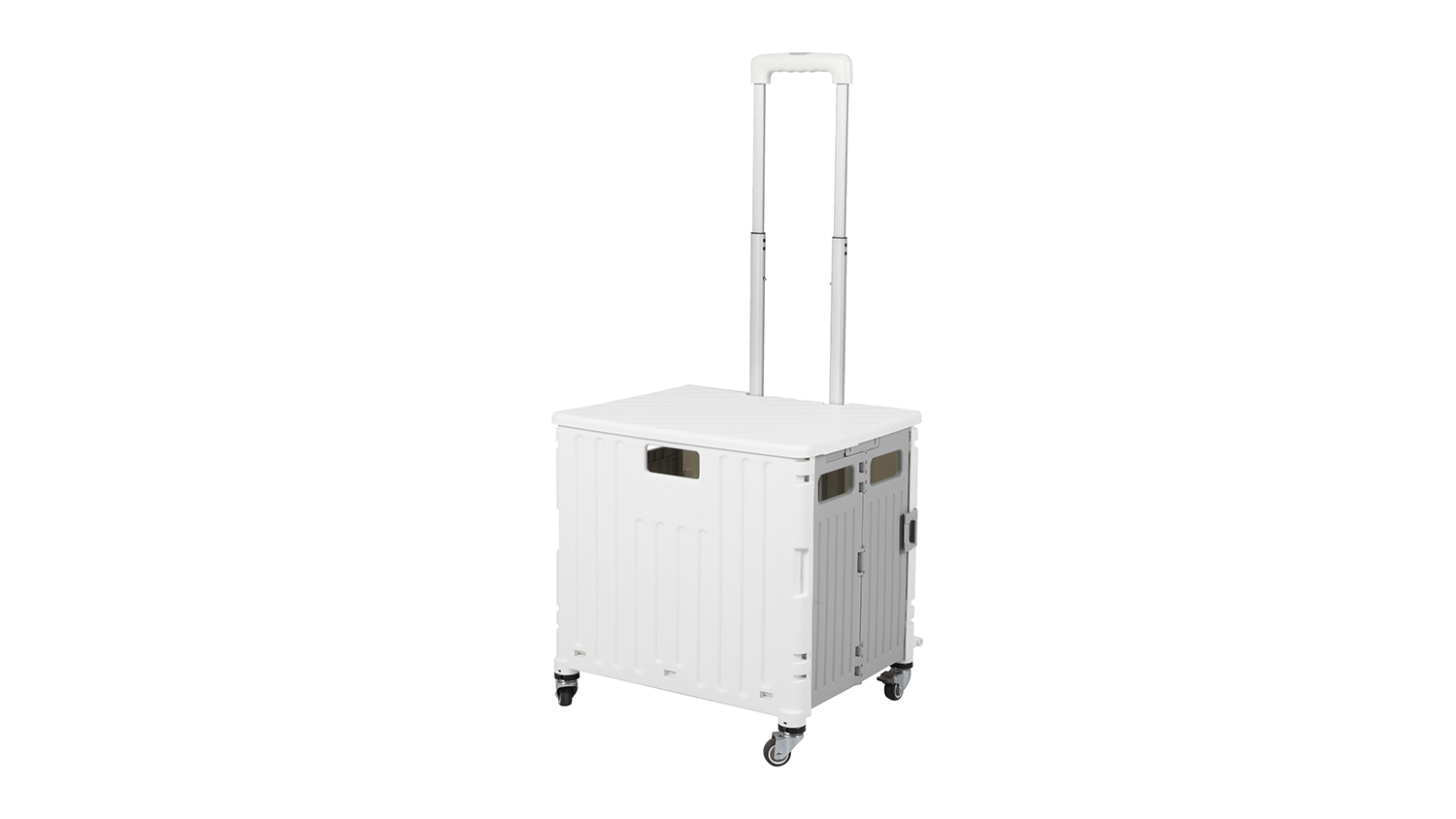 Angled view of the white rolling cart with the extendable handle raised upward