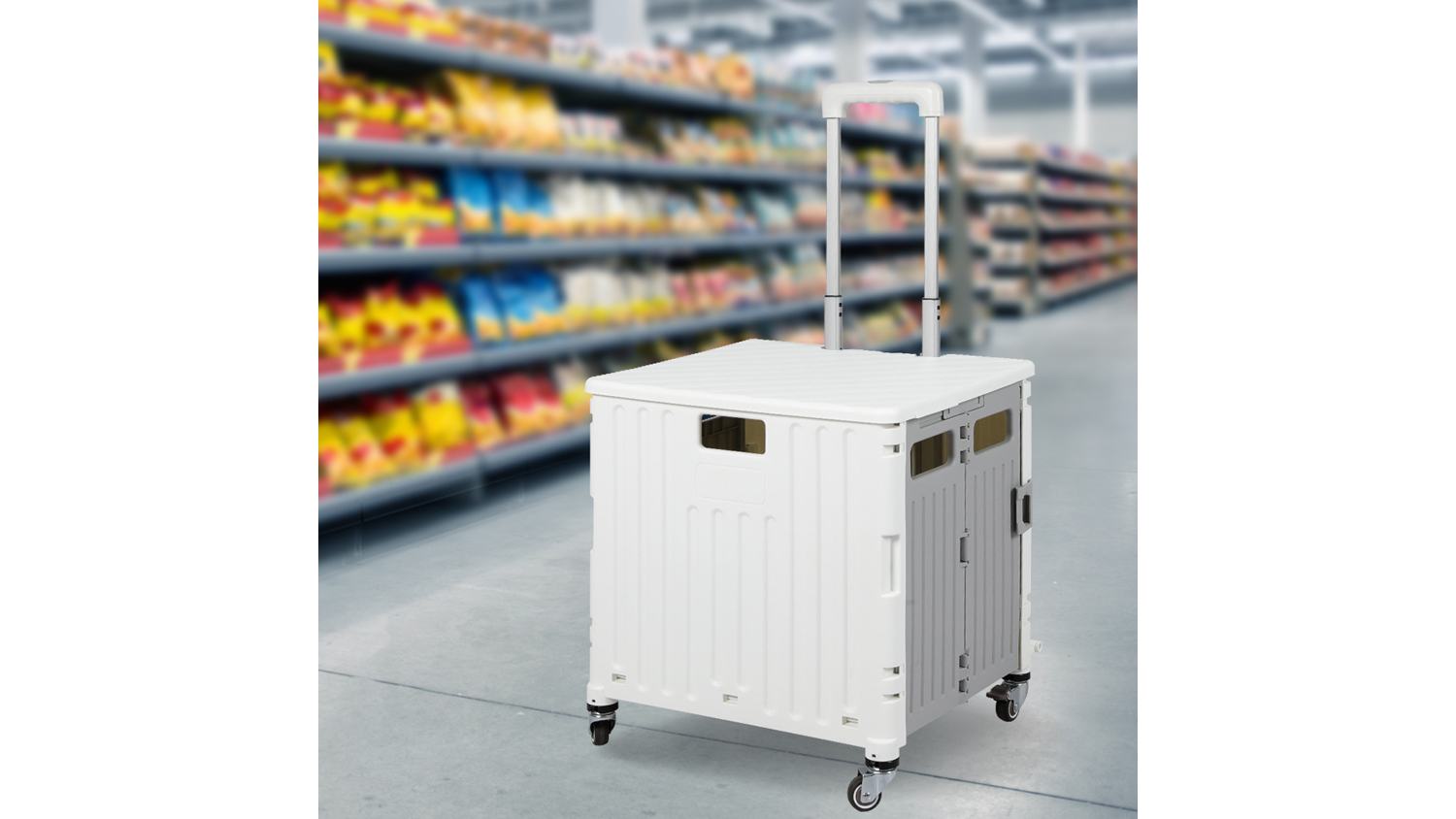 Lifestyle shot of the white rolling utility crate in a grocery store aisle