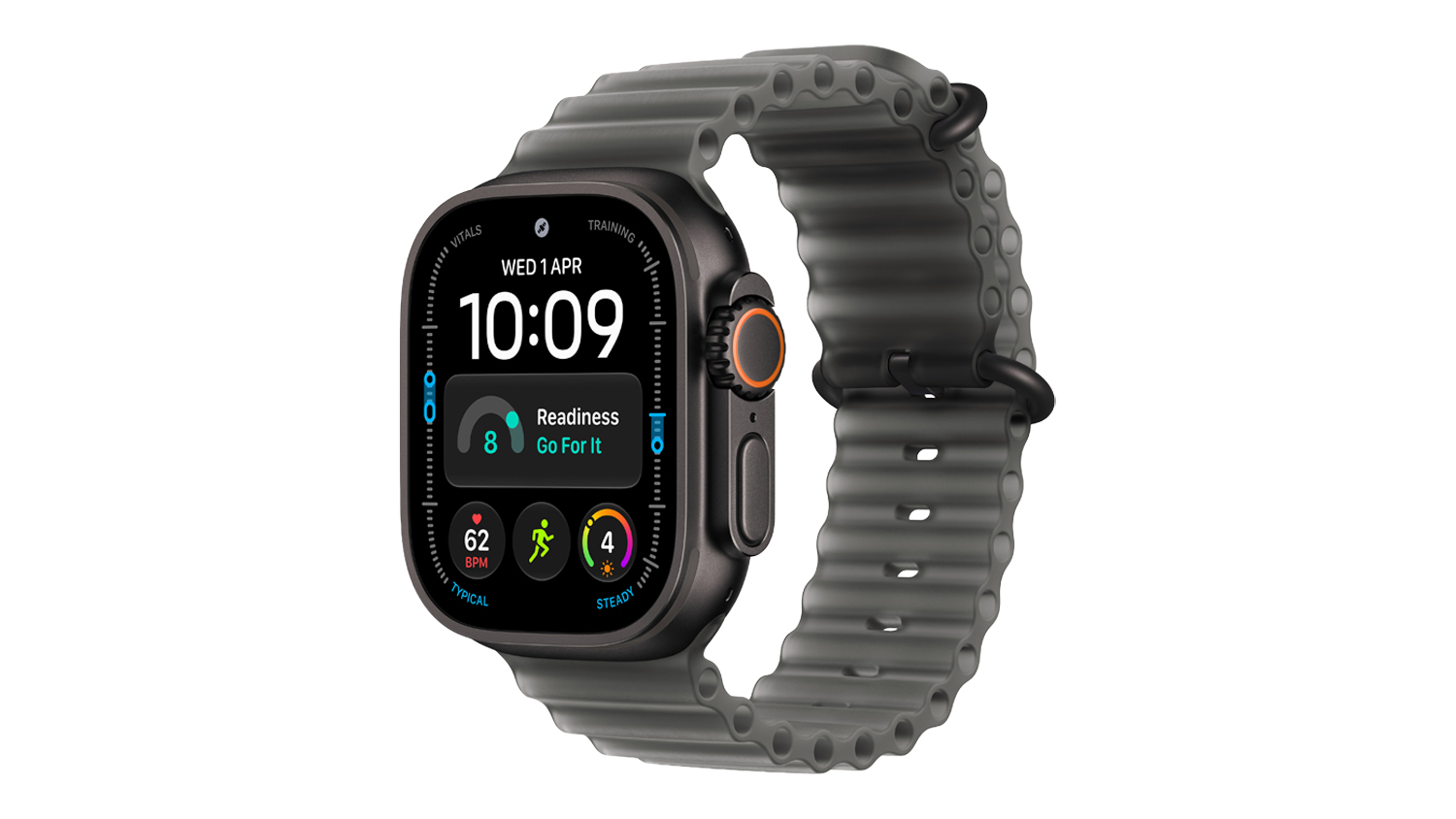 Apple Watch Ultra 4 with a black titanium case and translucent black ocean band shown in an angled view
