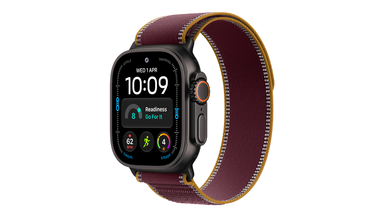 Apple Watch Ultra 4 with a black titanium case and burgundy trail loop shown in an angled view