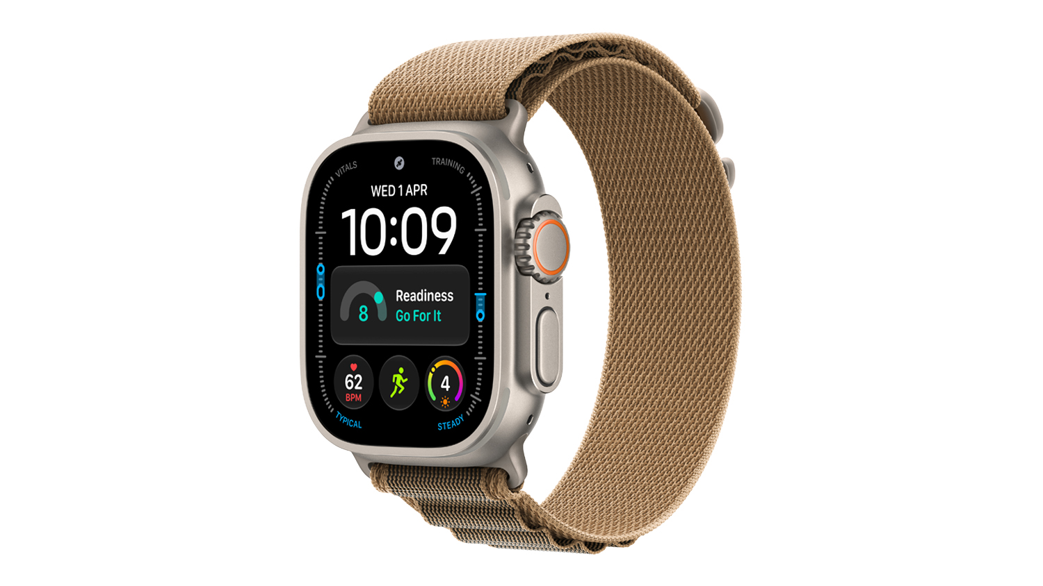 Apple Watch Ultra 4 with a natural titanium case and desert alpine loop shown in an angled view