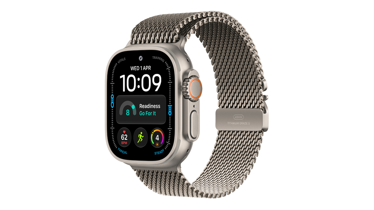 Apple Watch Ultra 4 with a natural titanium case and matching natural titanium Milanese Loop, shown in an angled view