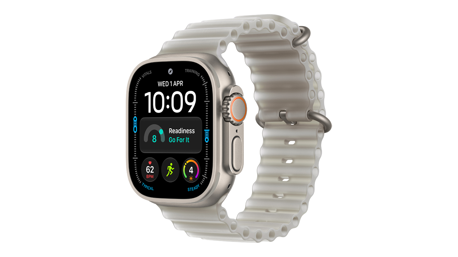 Apple Watch Ultra 4 with a natural titanium case and translucent grey ocean band shown in an angled view