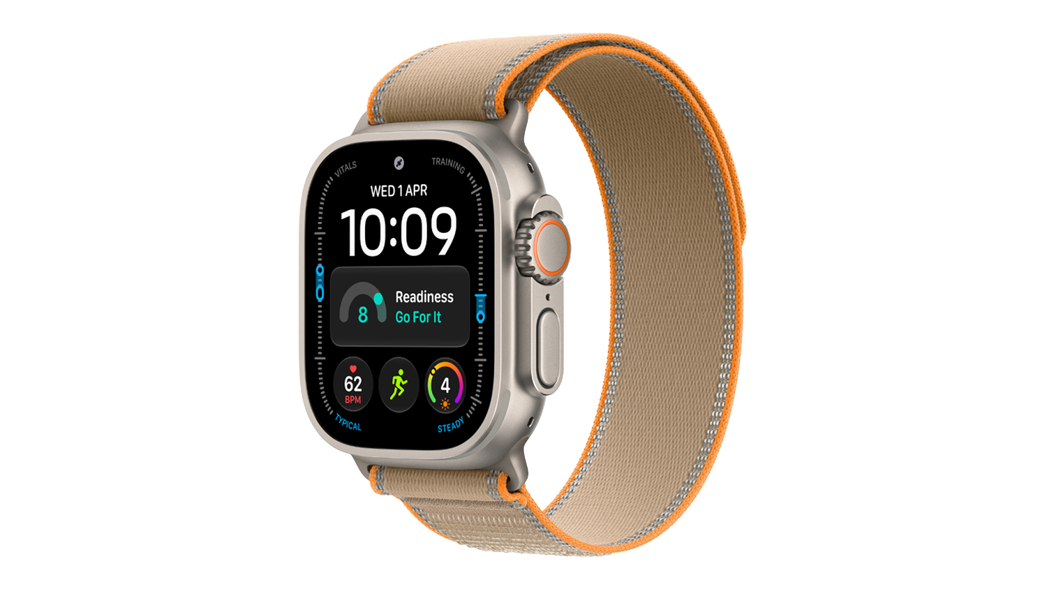 Apple Watch Ultra 4 with a natural titanium case and sand trail loop shown in an angled view