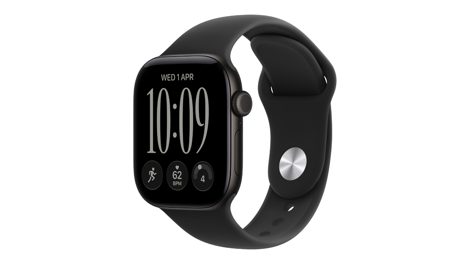 An angled view of black aluminium Apple Watch Series 12 with black sport band showing digital crown and display