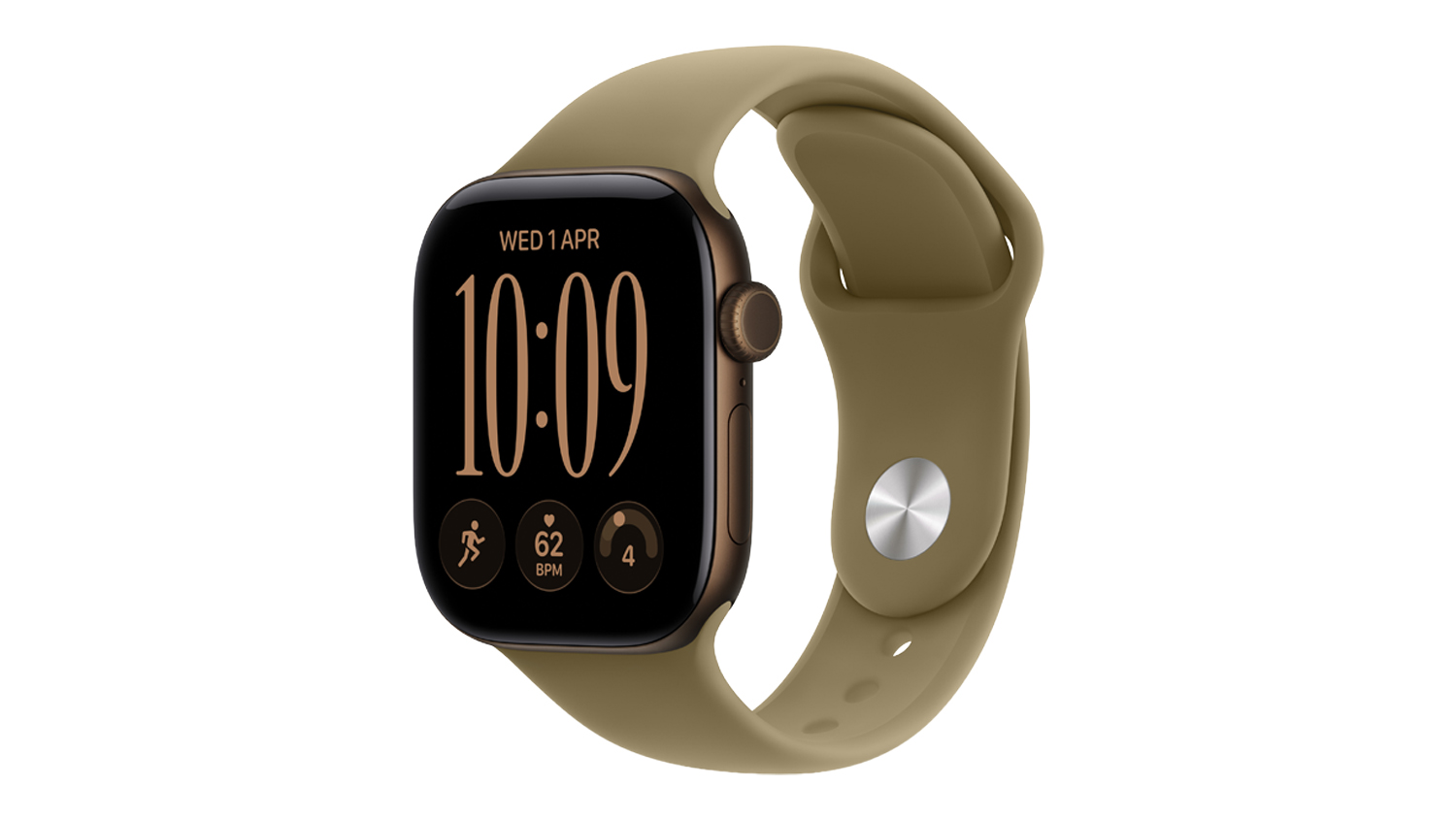 An angled view of dark bronze Apple Watch Series 12 with olive sport band showing digital crown and display