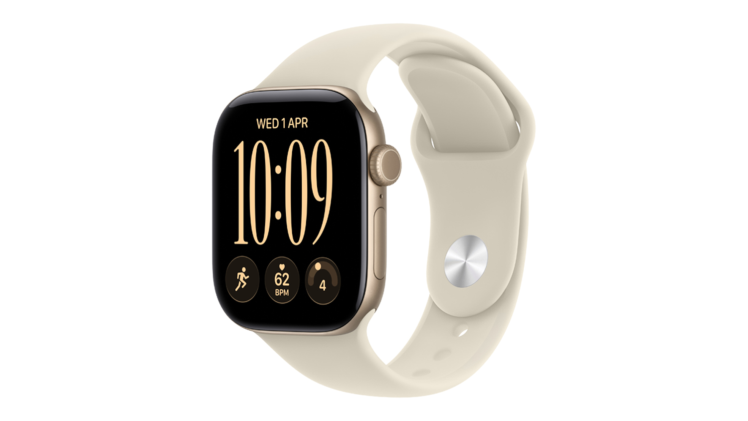 An angled view of Apple Watch Series 12 with sand sport band showing digital crown and display