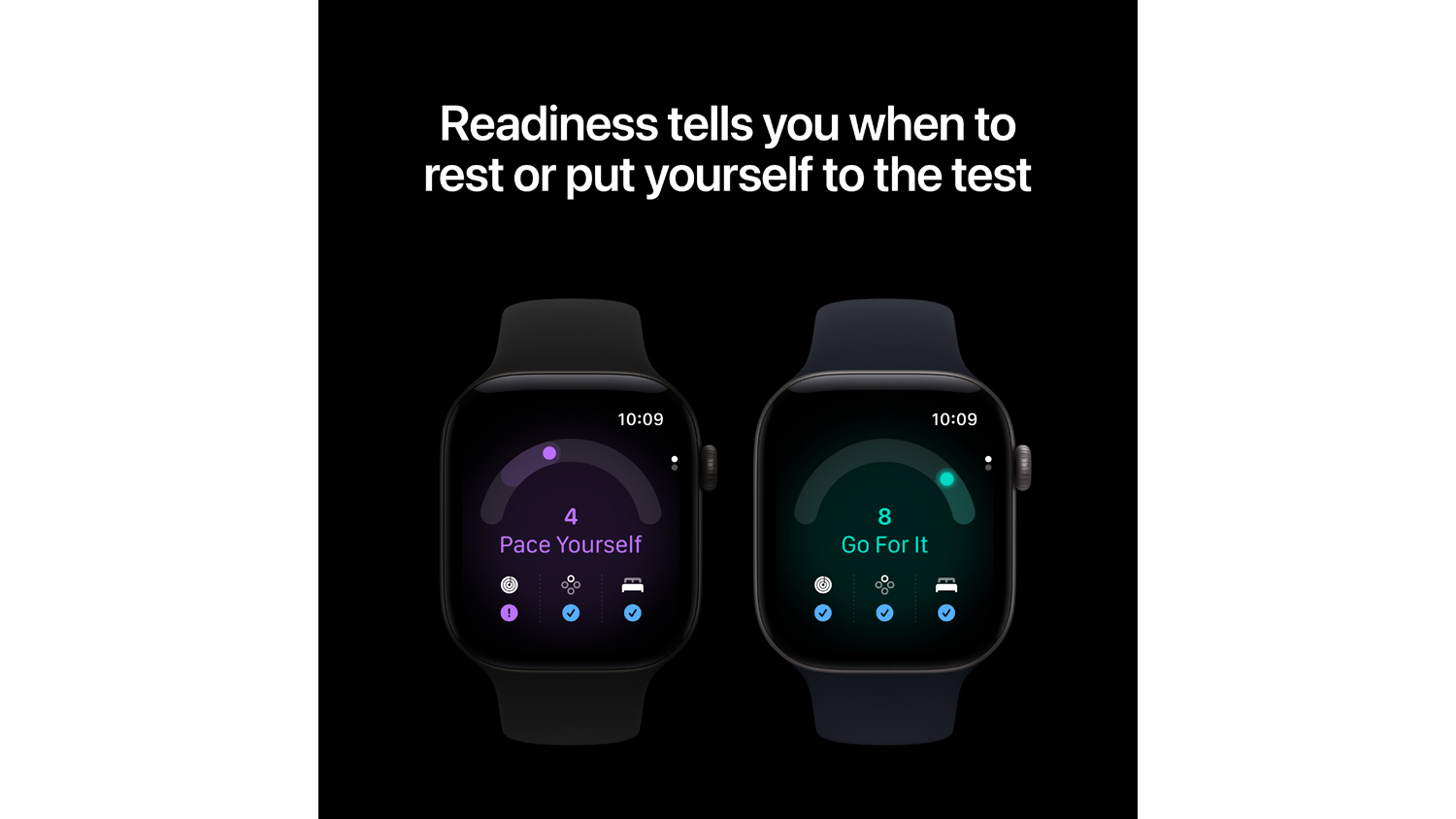 A side-by-side of Apple Watch showing readiness score screens with dual smartwatch display