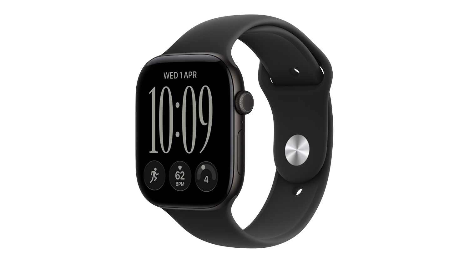 An angled view of an Apple Watch Series 12 with a black sport band showing the digital crown and display