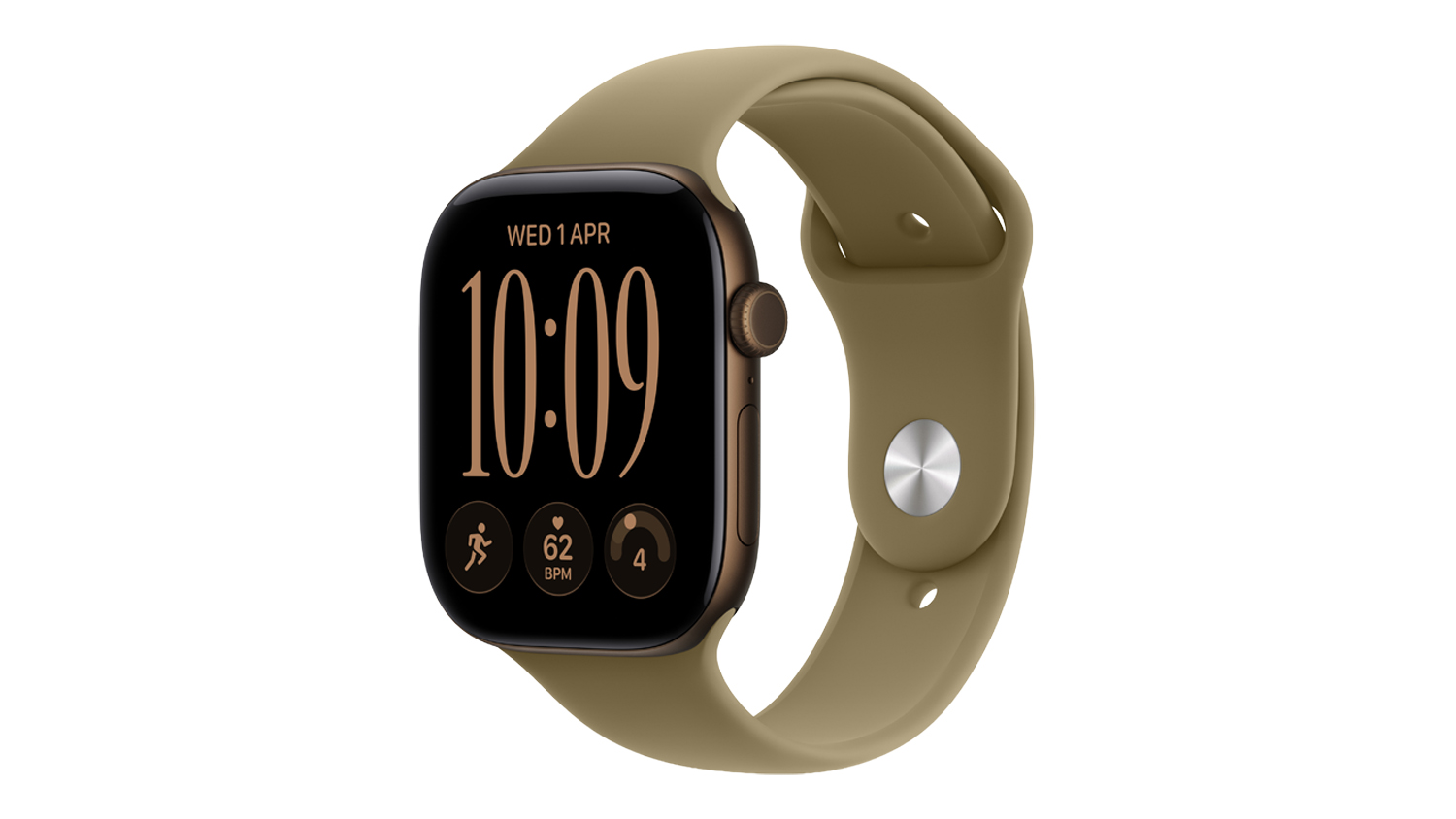 An angled view of an Apple Watch Series 12 with an olive sport band showing the digital crown and display