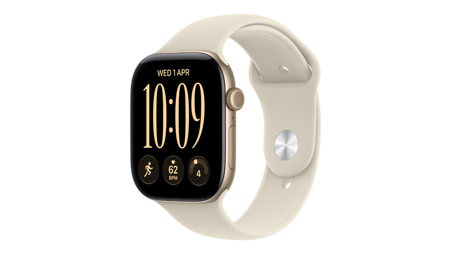 An angled view of an Apple Watch Series 12 with a sand sport band showing the digital crown and display