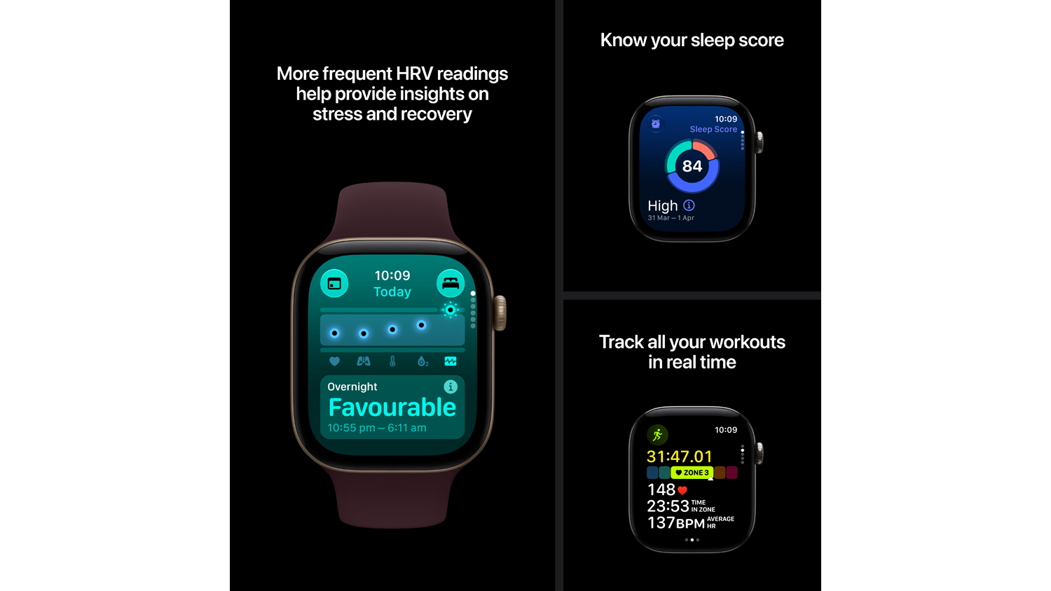 Collage of Apple Watch Series 12 health metrics, sleep score and workout tracking screens in multi-panel layout