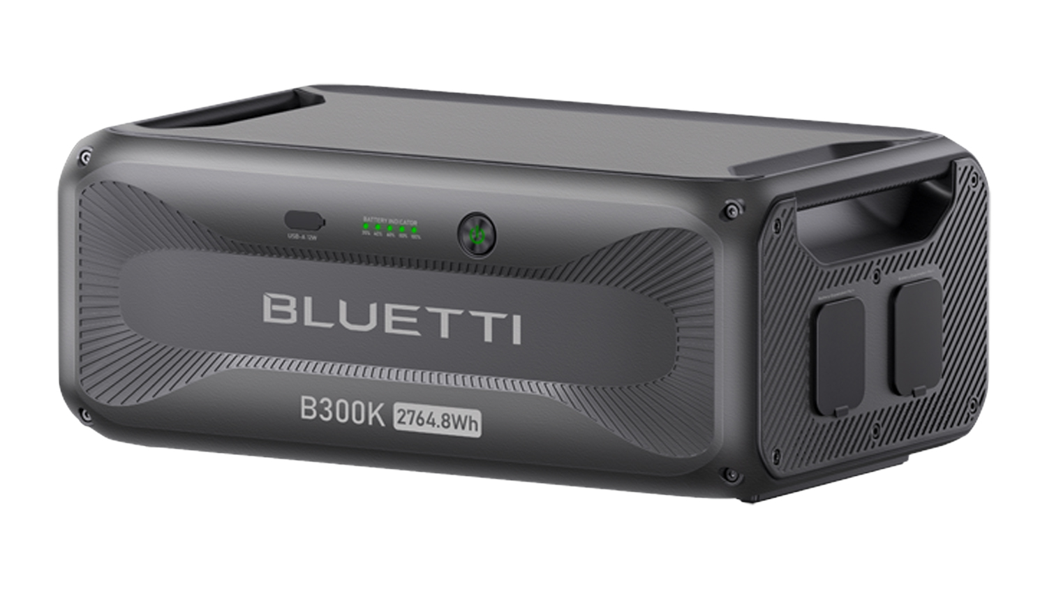 Front right-angle view of Bluetti B300K Expansion Battery for Apex 300 with LED battery indicator and side port covers