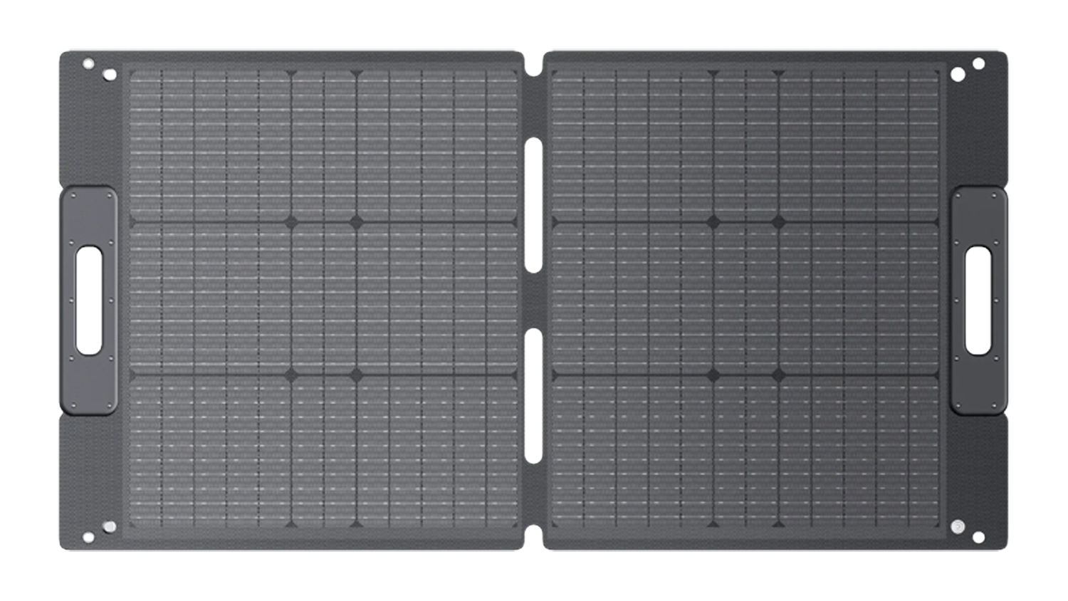 Front view of black foldable solar panel with dual-panel design, carry handles and mounting eyelets