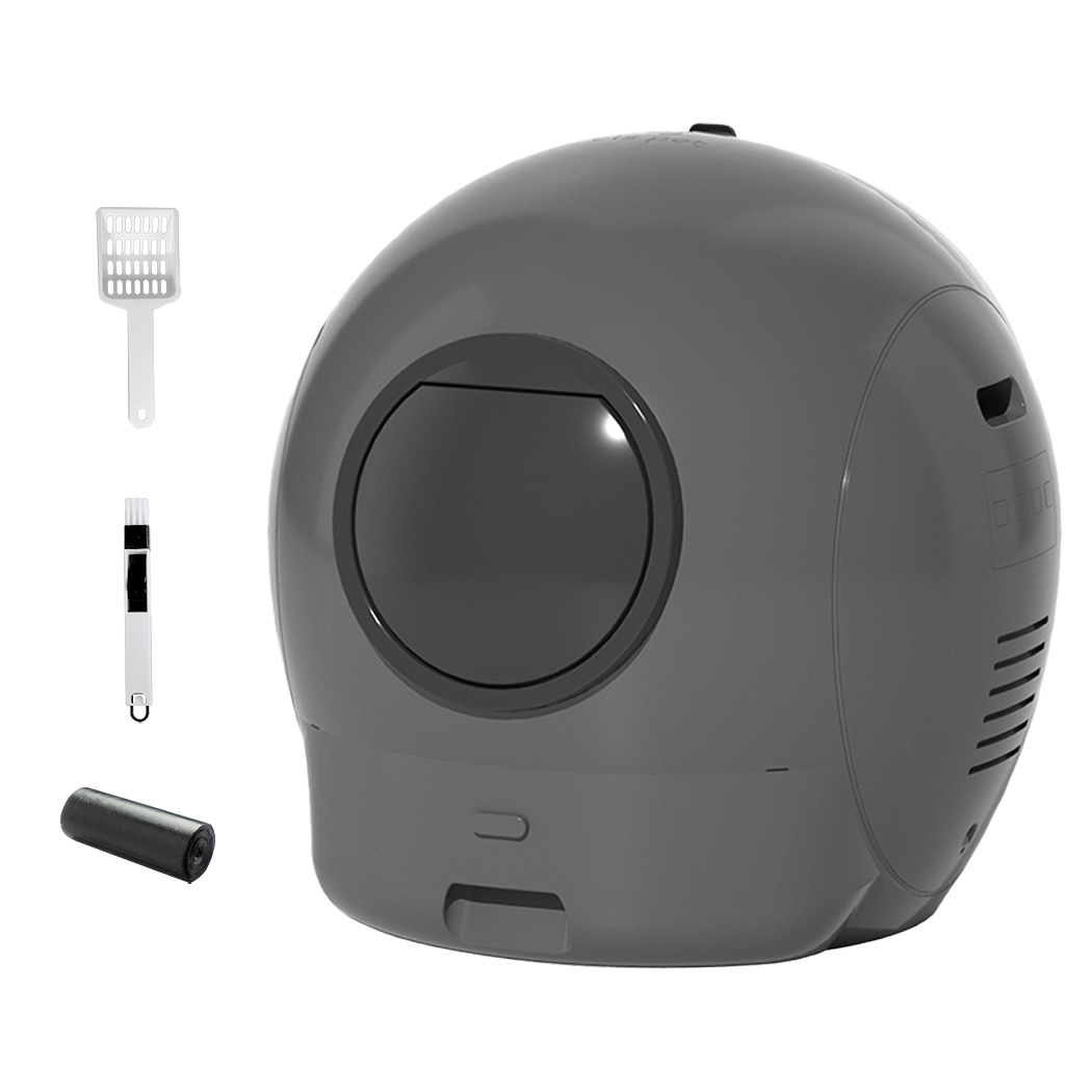 Black PaWz Automatic Self-Cleaning Cat Litter Box with Wi-Fi Connectivity, featuring a side entry. Includes a scoop, cleaning brush, and waste bag roll