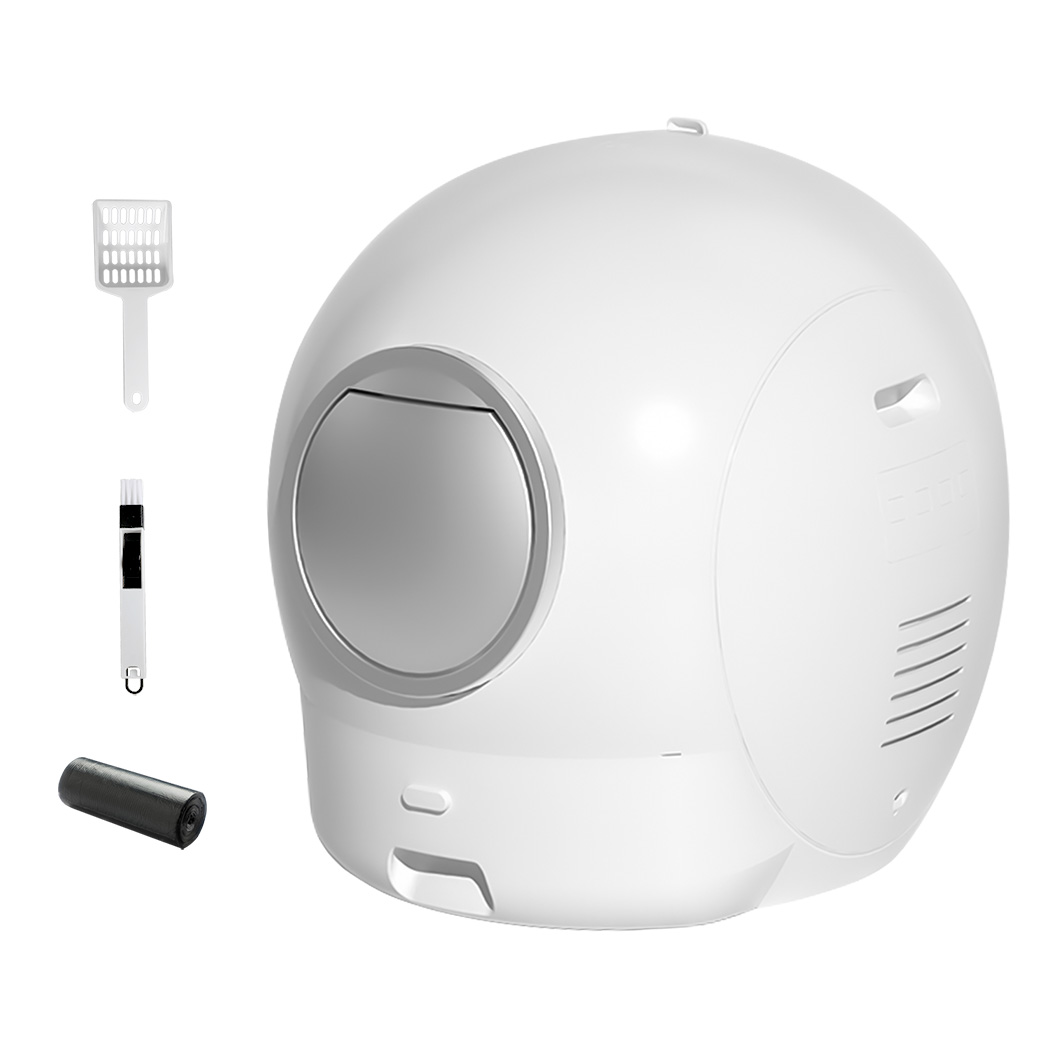 White PaWz Automatic Self-Cleaning Cat Litter Box with Wi-Fi Connectivity with enclosed dome design, litter scoop, cleaning brush, and waste bag roll