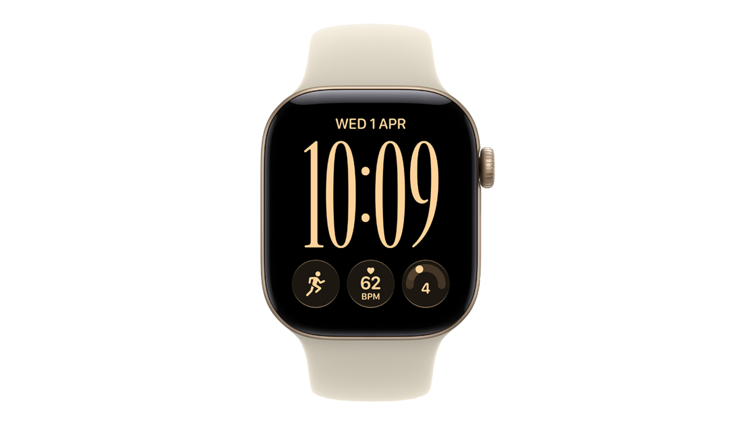 A front view of Apple Watch Series 12 42mm showing date, time, fitness tracking, heart rate, and pacing display