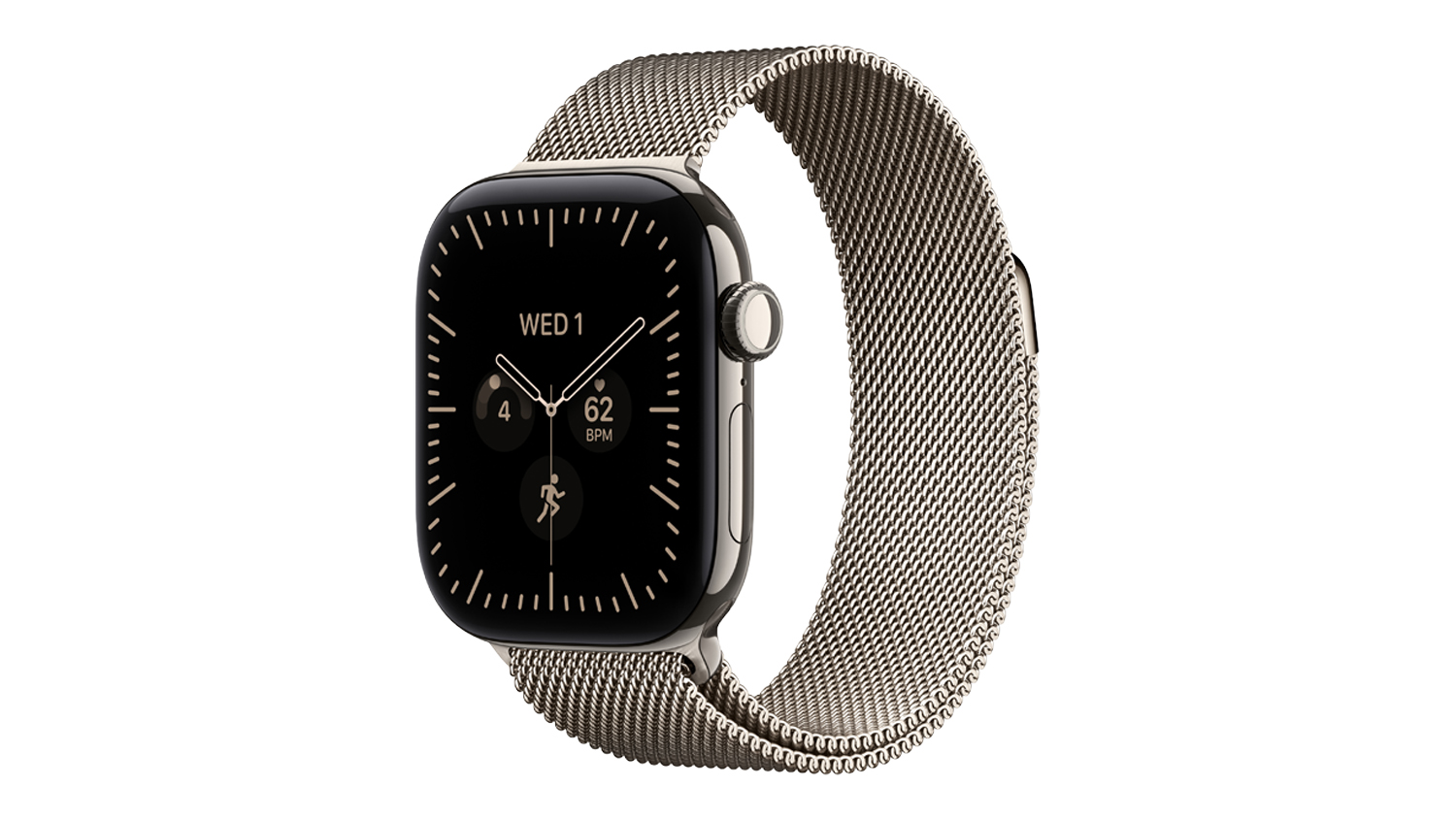 An angled view of natural titanium Apple Watch Series 12 with natural Milanese band showing digital crown and display
