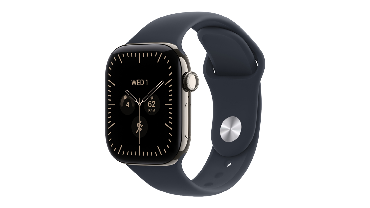 An angled view of natural titanium Apple Watch Series 12 with navy sport band showing digital crown and display