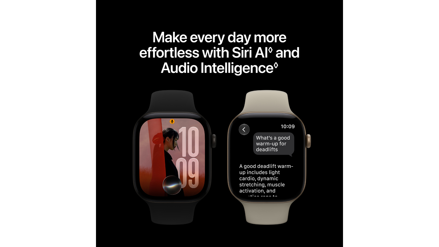 Apple Watch Series 12 Siri AI and audio intelligence features shown on dual smartwatch displays