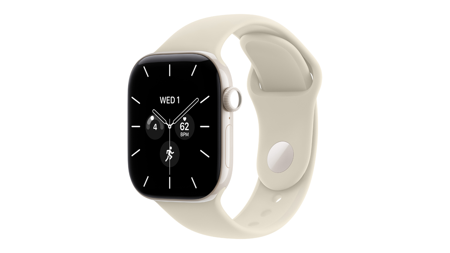An angled view of pearl white ceramic Apple Watch Series 12 with sand sport band showing digital crown and display