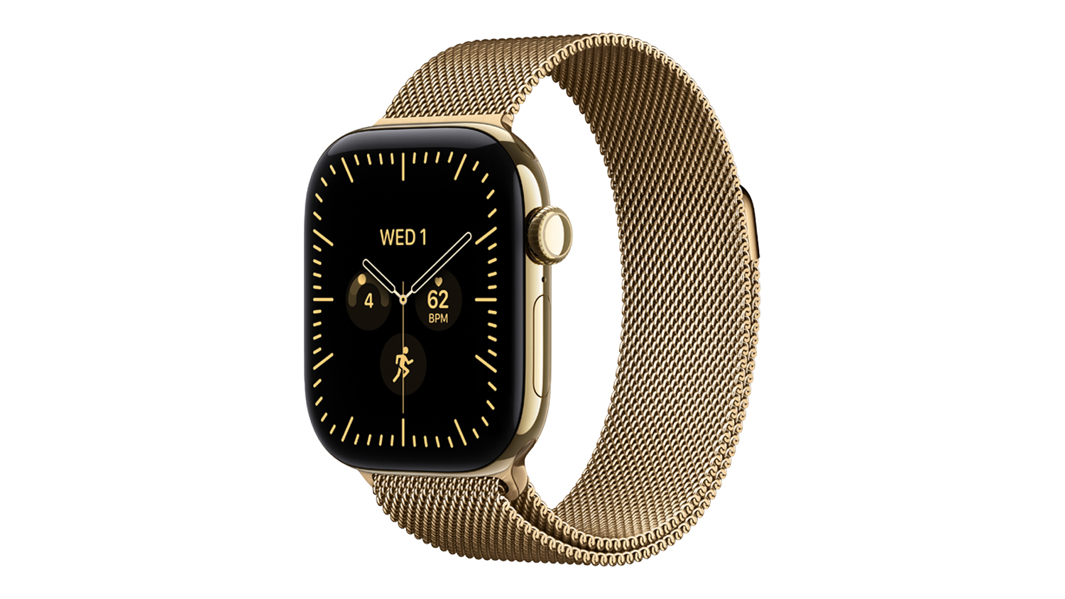 An angled view of an Apple Watch Series 12 with radiant gold loop showing digital crown and display