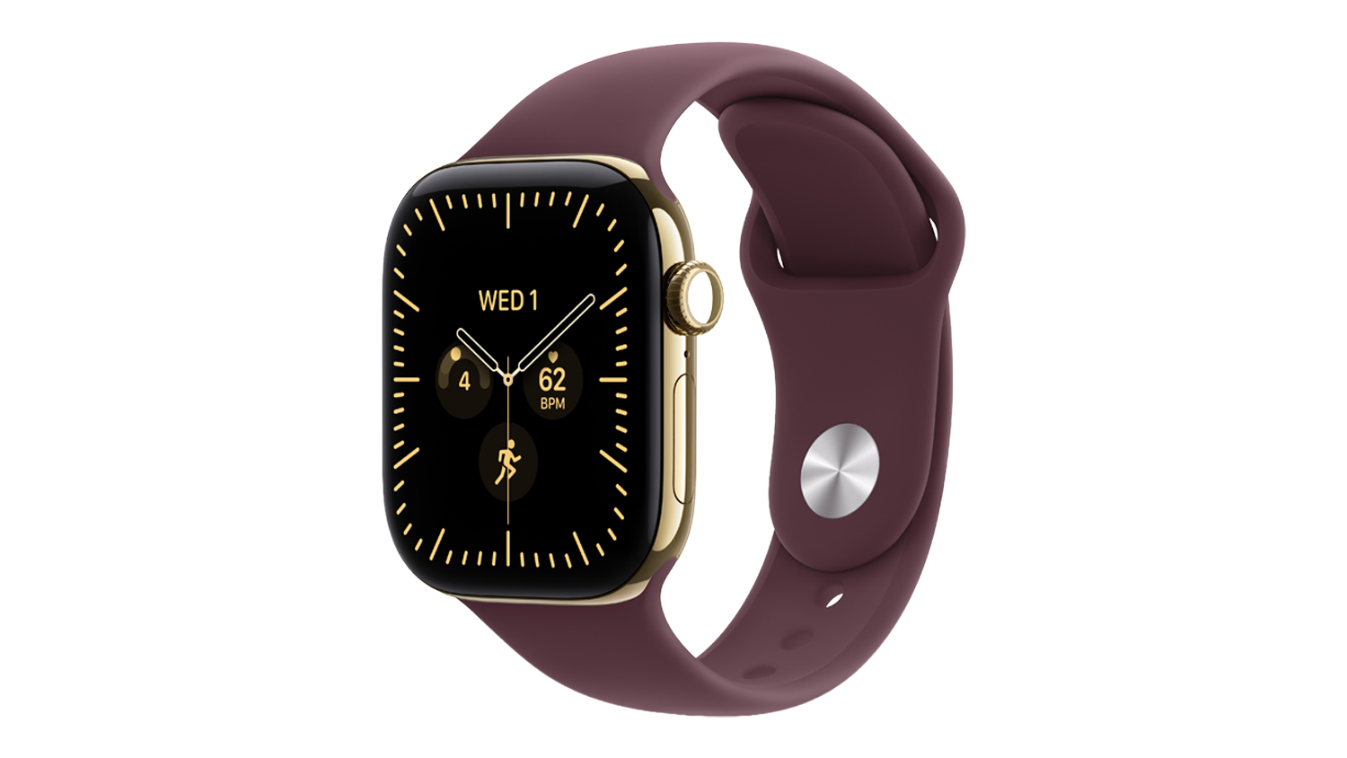 An angled view of radiant gold titanium Apple Watch Series 12 with natural Milanese band showing digital crown and display