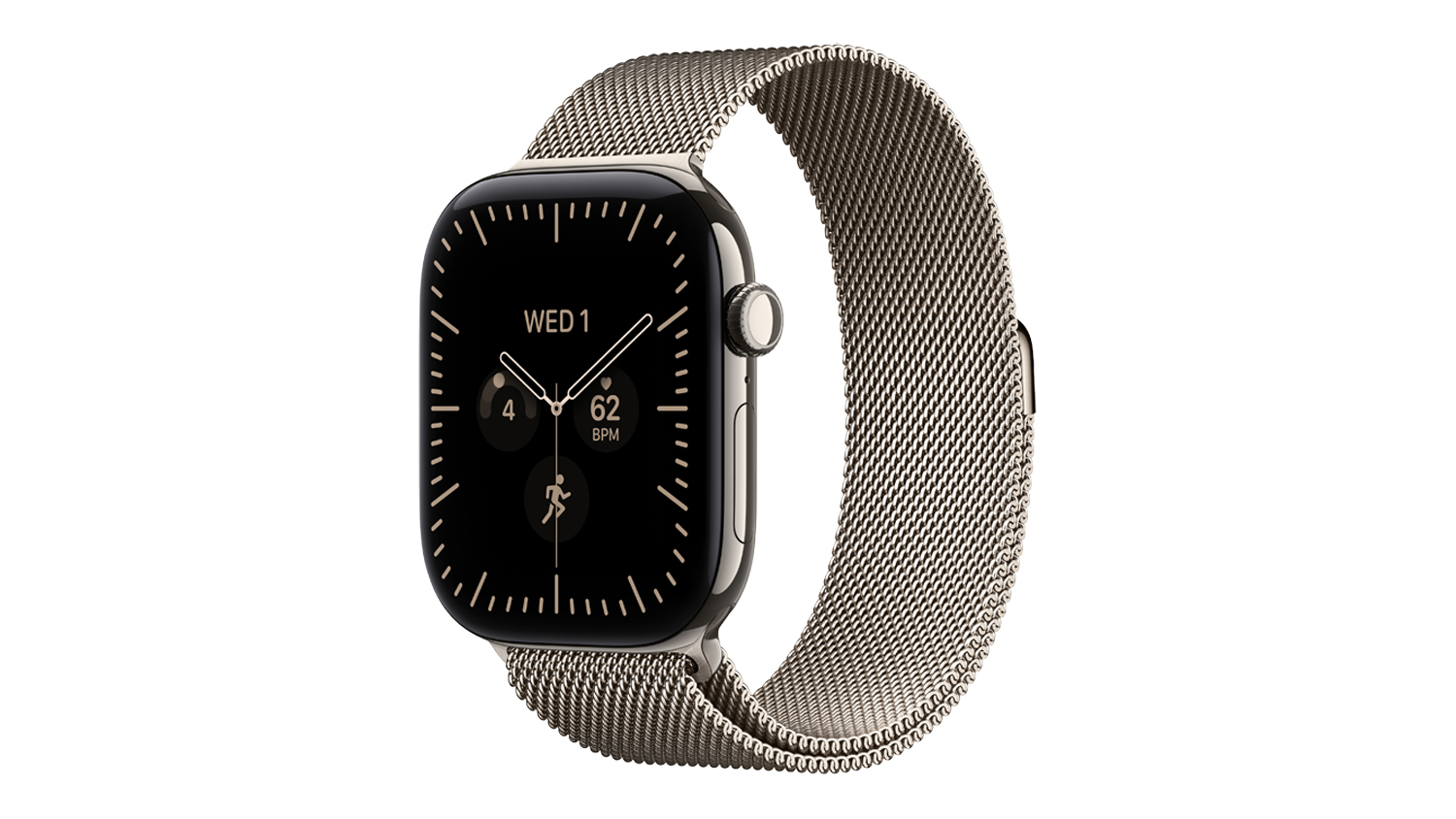 An angled view of natural titanium Apple Watch Series 12 with Milanese loop showing digital crown and display