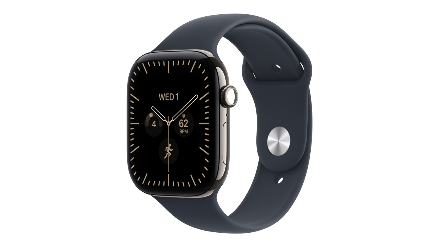 An angled view of natural titanium Apple Watch Series 12 with navy sport band showing digital crown and display